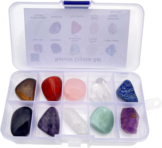 10Pcs Natural Tumbled Crystal,  Polished Rocks and Gemstones, Chakra Healing Stones with Box (10PCS Tumbled 2-3Cm)